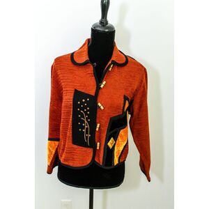 VTG Alissa Womens Chenille Cardigan Jacket XS Red & Black artsy art to wear